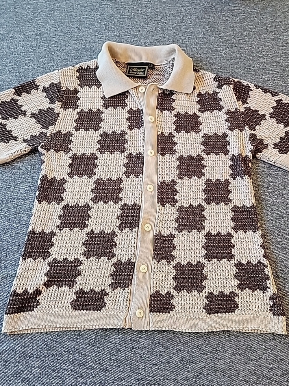 Massive Luxury Edition Shirt Men's XL Knit Button Up Brown Crochet Polo Retro